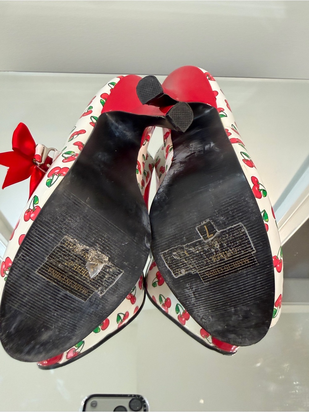 Cherry-Print Red Peep-Toe Mary Jane Heels with Bow - Picture 4 of 5